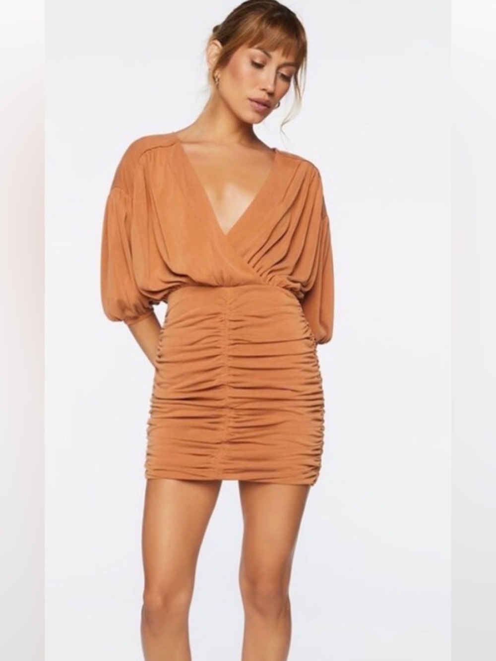 FOREVER 21 (EUC) Earthy Burnt Orange V-Neck, Ruched Classy Mini Dress in Size S.